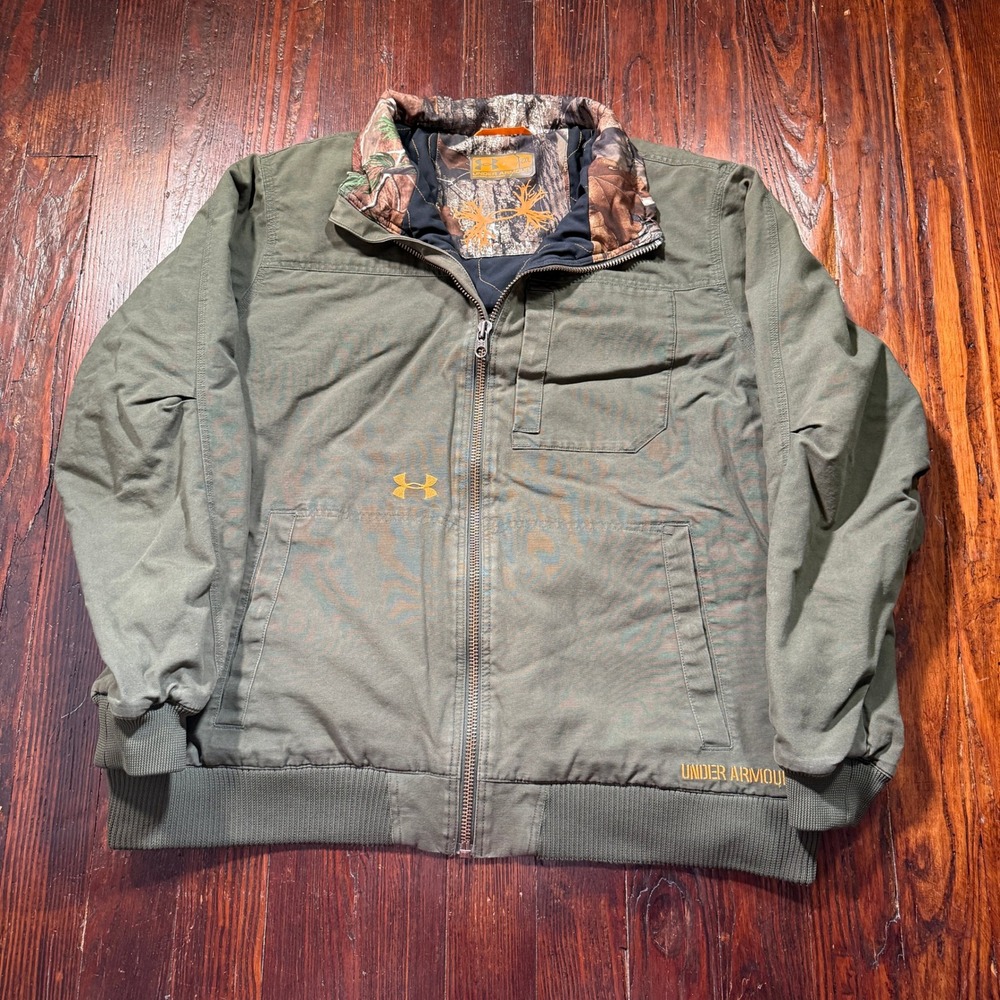 Under Armour Jacket Mens 2XL Green Canvas Camo Trim Hunting Workwear 1223101